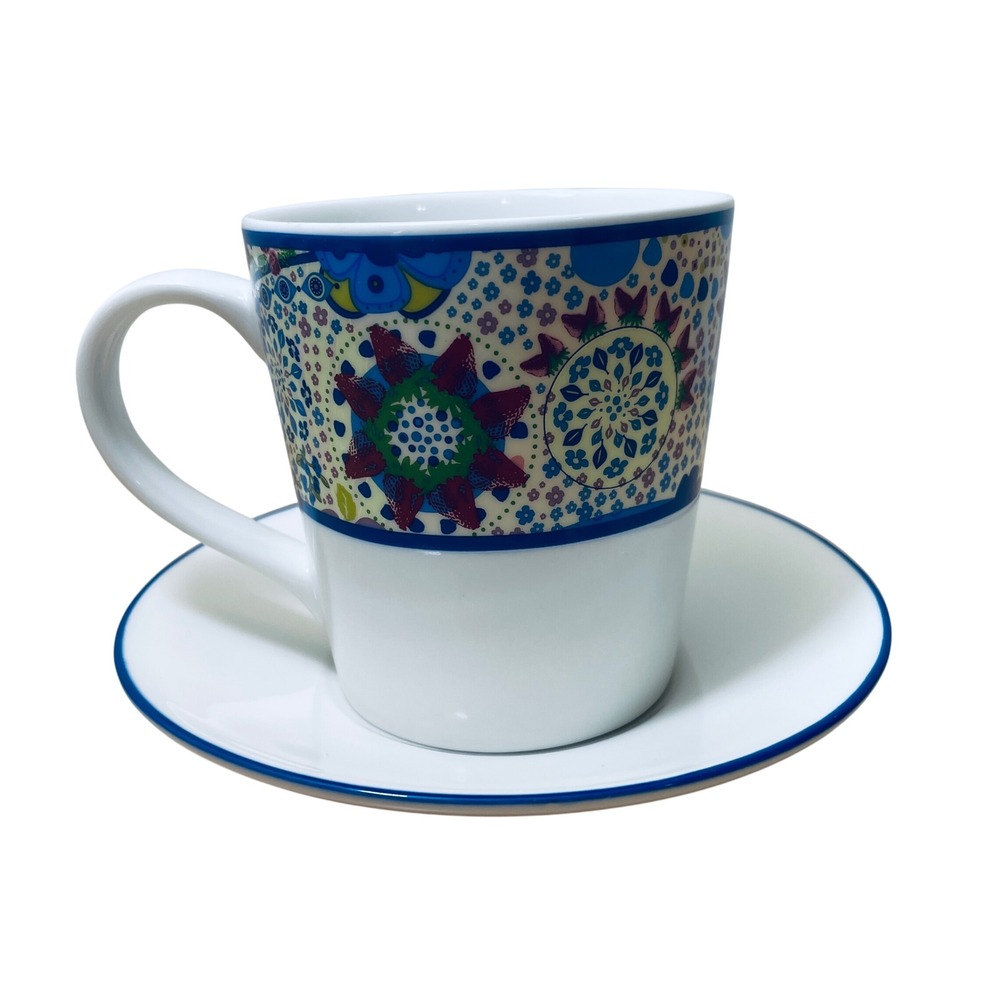 Starbucks Coffee 2007 Floral Strawberry Ceramic 11oz Cup and Saucer Set Blue Red
